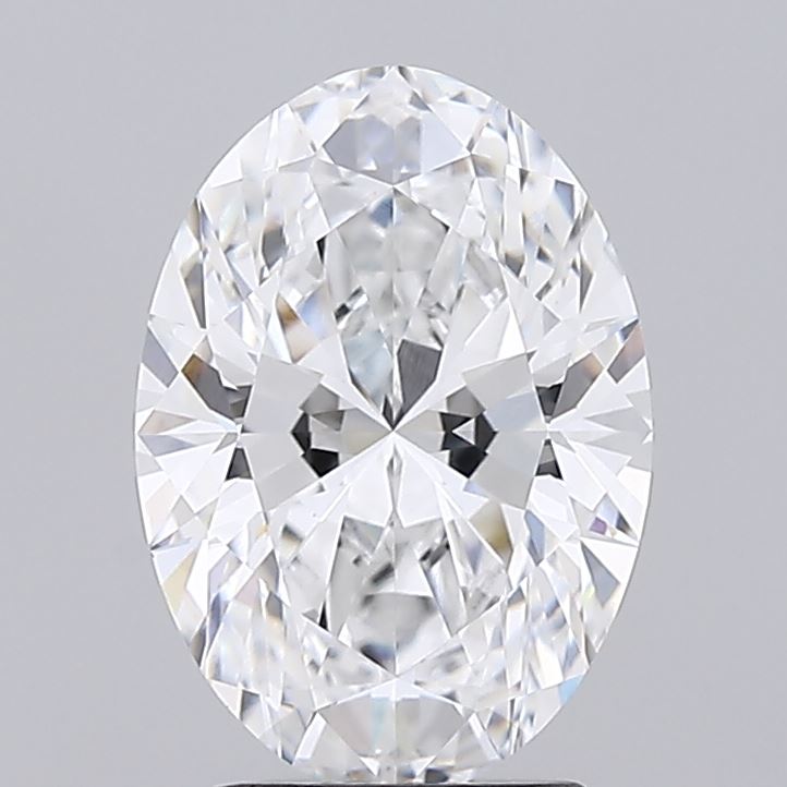 2.51 Close-up of a sparkling oval-shaped diamond, showcasing its brilliant facets and clear, colorless clarity against a soft gray background.