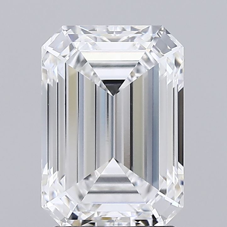 2.51 Emerald-cut diamond with step facets showcased against a gray background. The gem's clear, symmetrical lines create an elegant and luxurious appearance.