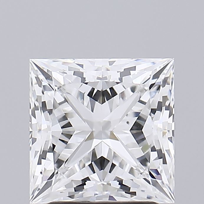 2.52 A square-shaped, clear diamond with a princess cut, displaying intricate facets and brilliant sparkle, set against a plain gray background.