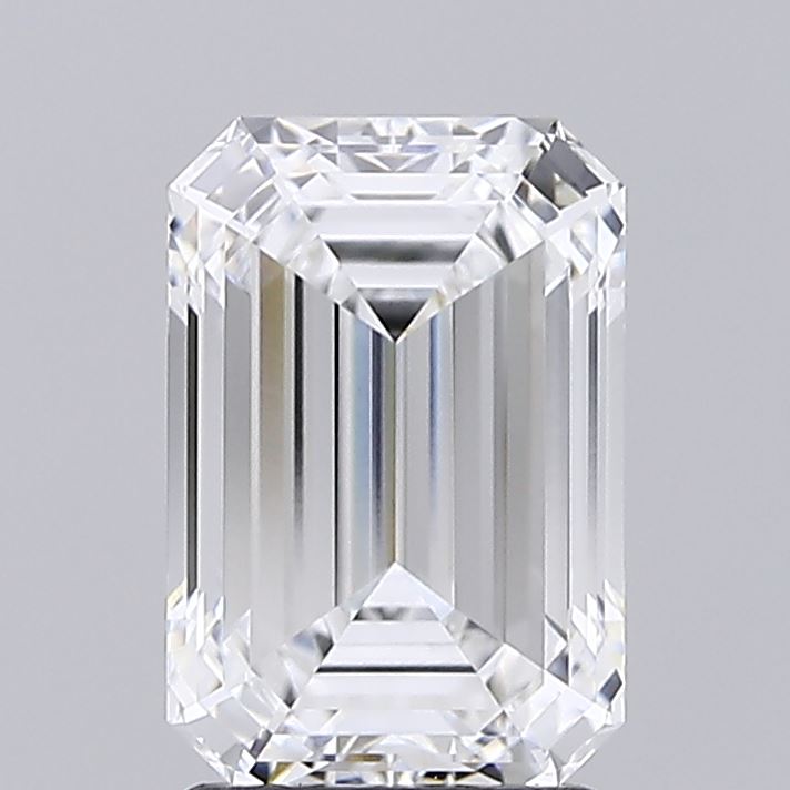 2.53 A sparkling, emerald-cut diamond with symmetrical facets shines against a plain background, showcasing its clarity and brilliance.