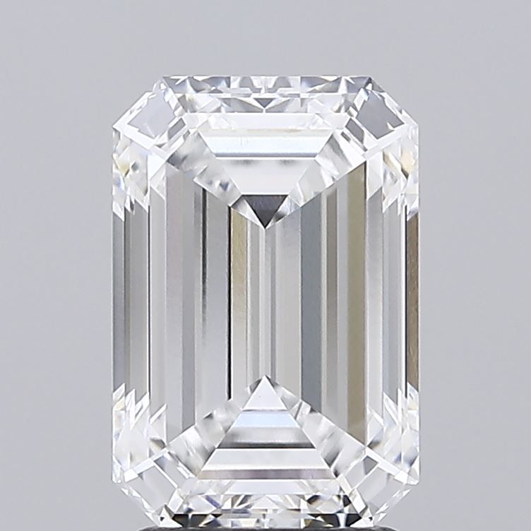 2.53 A sparkling, emerald-cut diamond with multiple facets reflecting light, showcasing its clarity and brilliance against a neutral background.