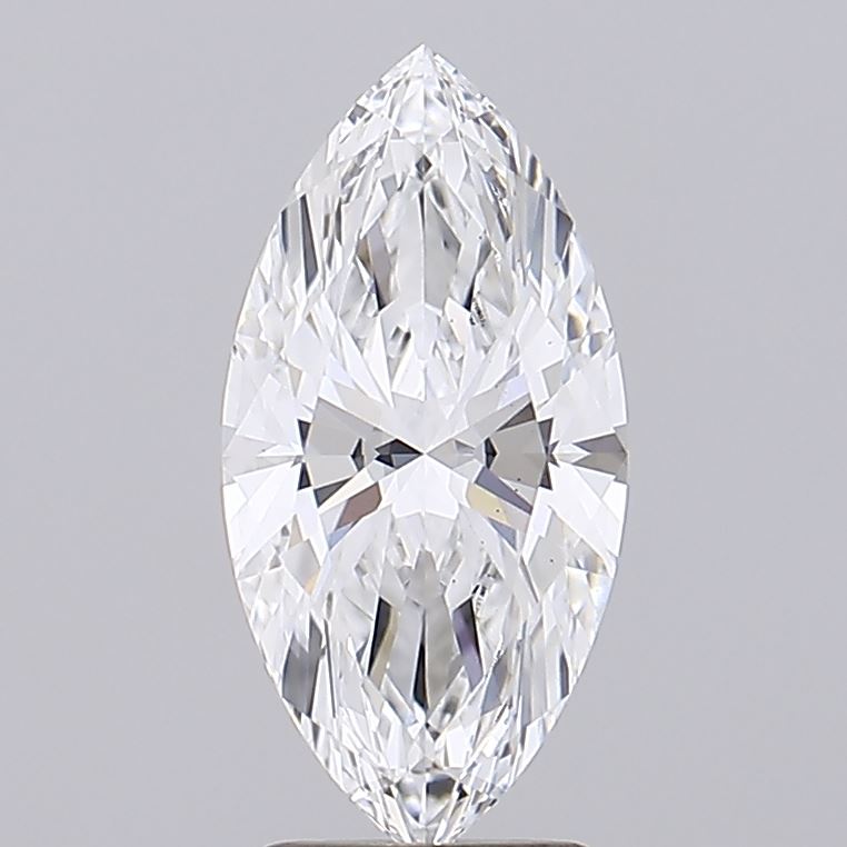 2.55 A close-up of a dazzling marquise-cut diamond on a gray background. The gem's facets reflect light brilliantly, creating a sparkling and luxurious appearance.