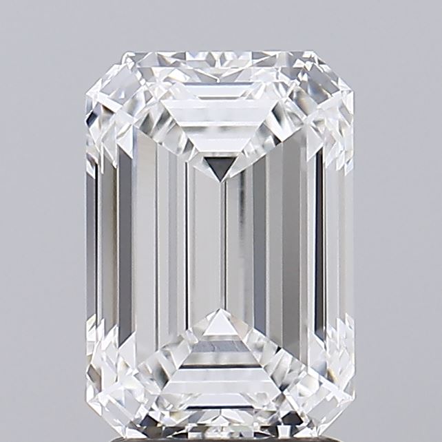 2.55 Emerald-cut diamond with sharp facets and transparent clarity. The geometric lines and symmetry create a sophisticated, elegant appearance against a neutral background.
