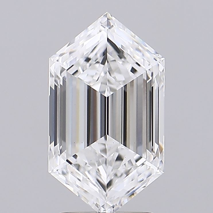 2.55 A sparkling, clear diamond cut in a unique elongated hexagonal shape, reflecting light and showcasing intricate facets.
