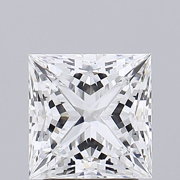 2.56 A close-up of a sparkling, square-cut diamond against a plain gray background. The facets create intricate, symmetrical reflections and a brilliant shine.