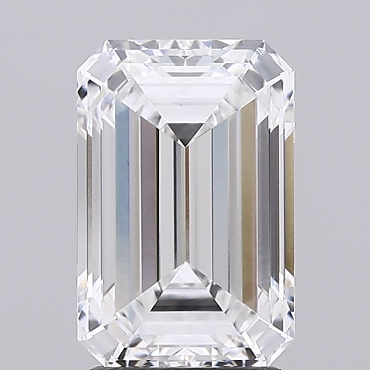 2.56 Emerald-cut diamond against a neutral gray background. The gemstone's facets create symmetrical geometric patterns, exuding elegance and brilliance.