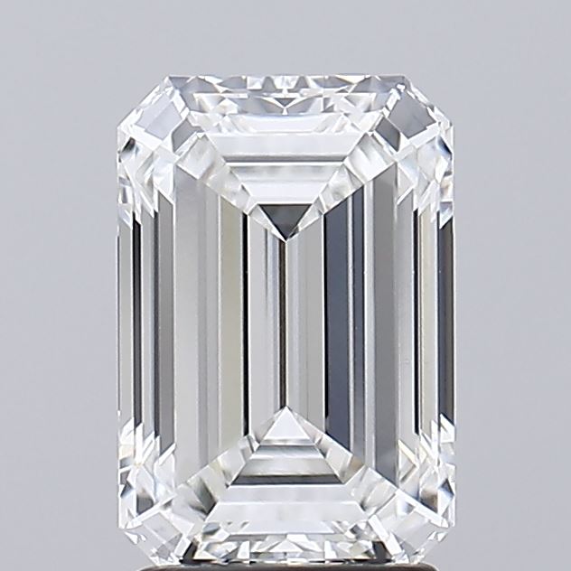 2.56 Emerald-cut diamond with step cuts and bright facets against a neutral background.