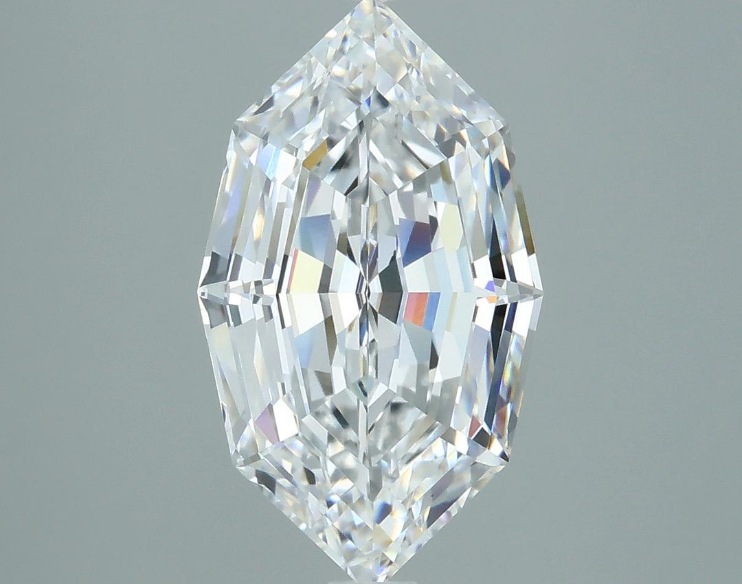 2.56 A shimmering, cut diamond in an elongated shape, reflecting light with sparkles and rainbow hues against a soft gray background.