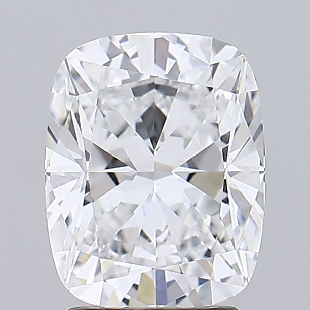 2.56 A sparkling, cushion-cut diamond with intricate facets, reflecting light brilliantly. The gem is displayed on a gray background, exuding elegance and sophistication.