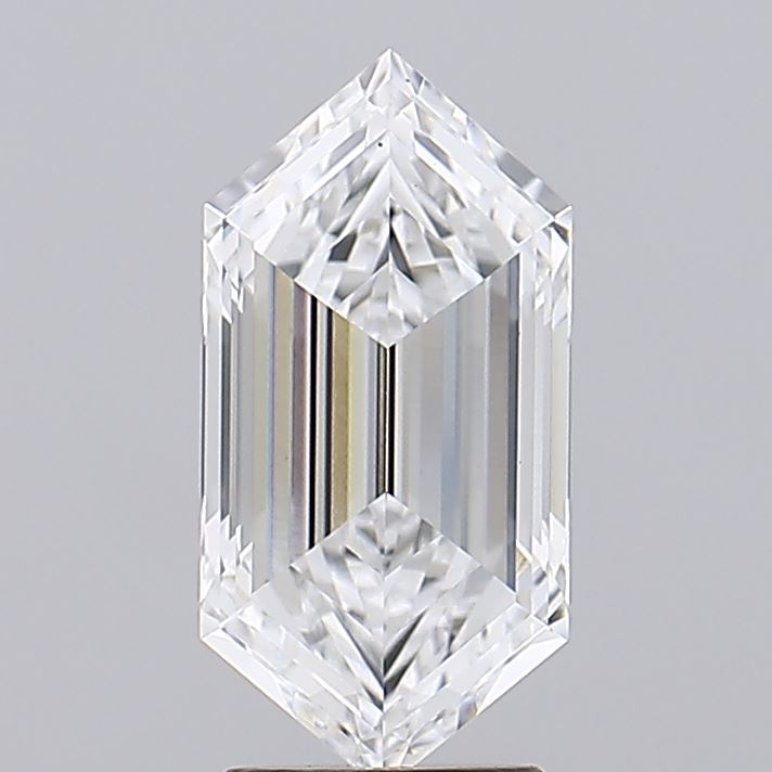 2.57 A stunning, faceted diamond in a hexagonal shape, showcasing brilliant clarity and light reflection against a neutral background.