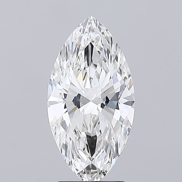 2.58 A marquise-cut diamond reflects light dramatically against a grey background. The elongated shape and intricate facets convey elegance and brilliance.