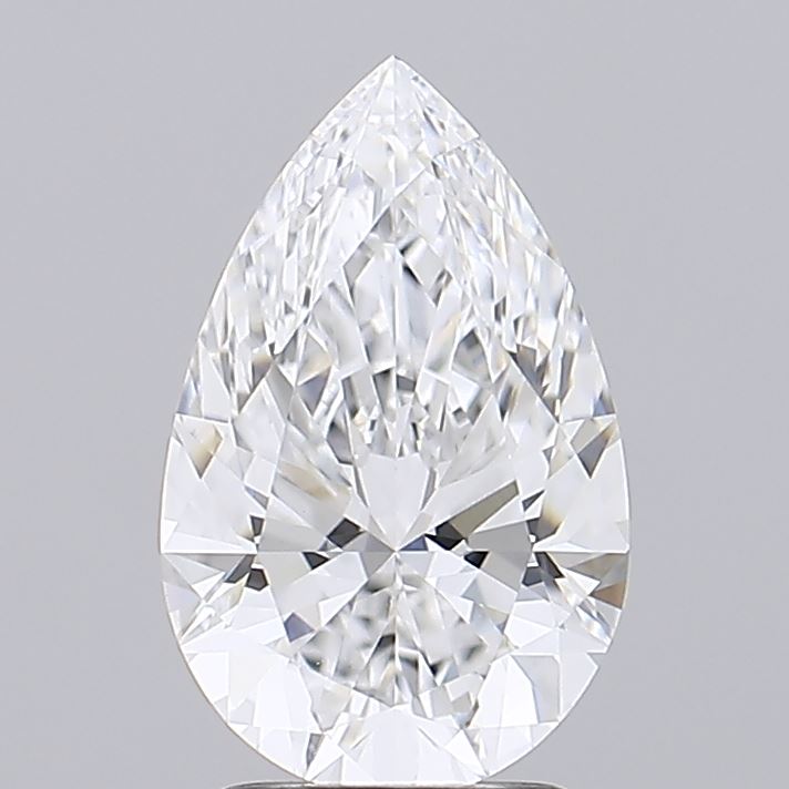 2.58 A pear-shaped diamond with intricate facets shines against a plain gray background, reflecting light to create a dazzling, luxurious appearance.