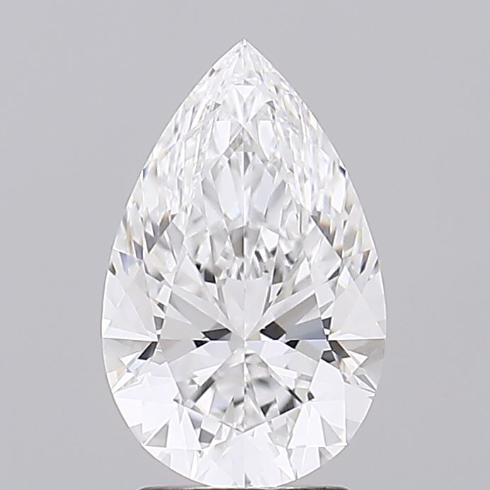 2.58 Pear-shaped diamond with intricate facets reflecting light, set against a plain gray background. The stone emits a sense of elegance and luxury.
