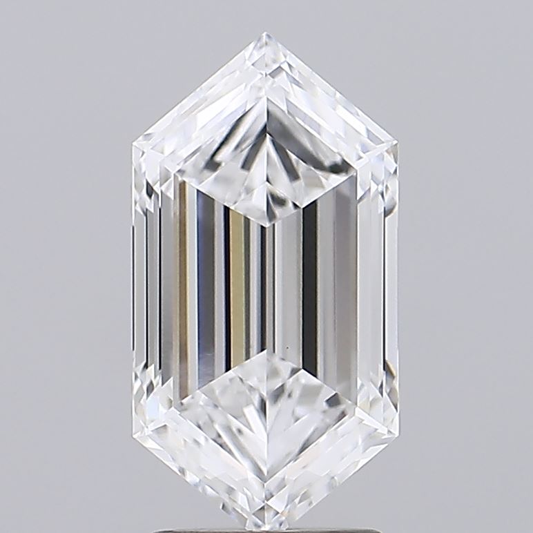 2.59 A clear, rectangular-cut diamond with a polished surface, showcasing brilliant facets and a captivating sparkle against a gray backdrop.