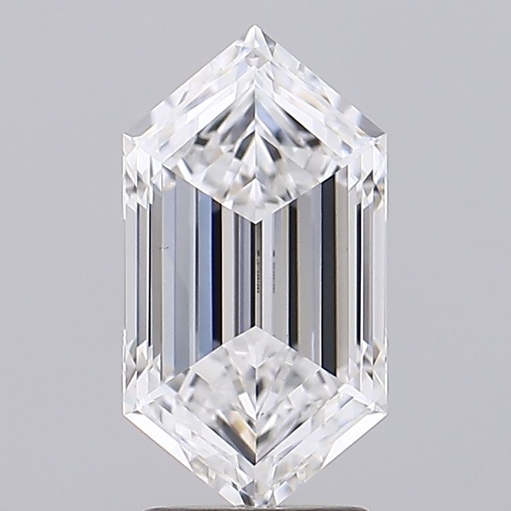2.59 A clear, sparkling diamond cut in an elongated hexagonal shape, reflecting light brilliantly from its faceted surface.