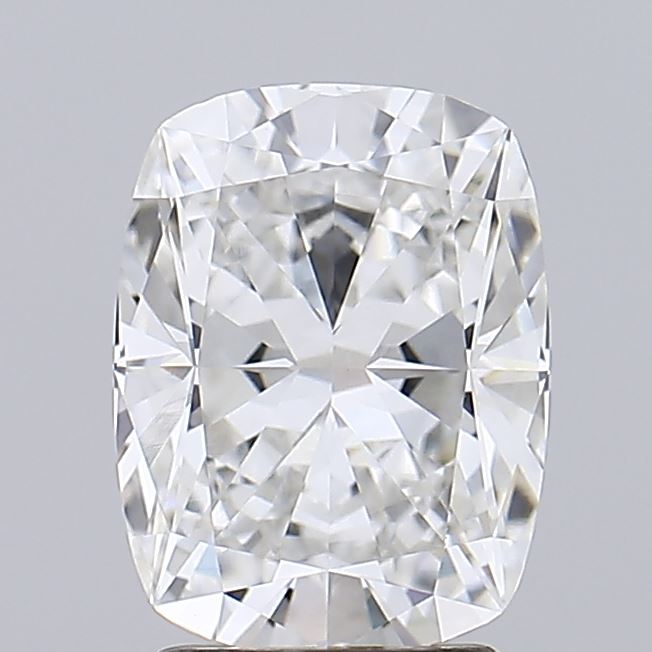 2.59 A sparkling cushion-cut diamond with brilliant facets reflecting light, showcasing its clarity and brilliance against a neutral background.