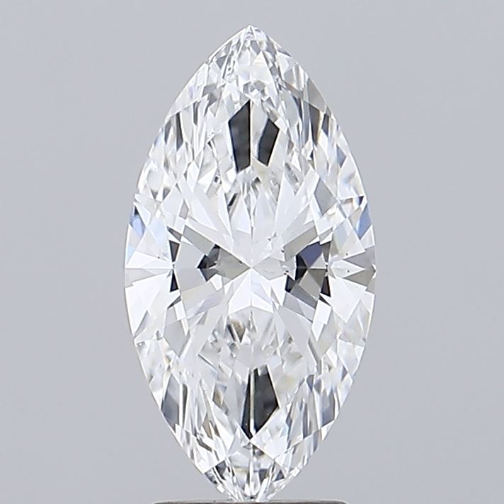 2.59 A marquise-cut diamond with a brilliant shine, featuring intricate facets, set against a plain grey background, exuding elegance and luxury.