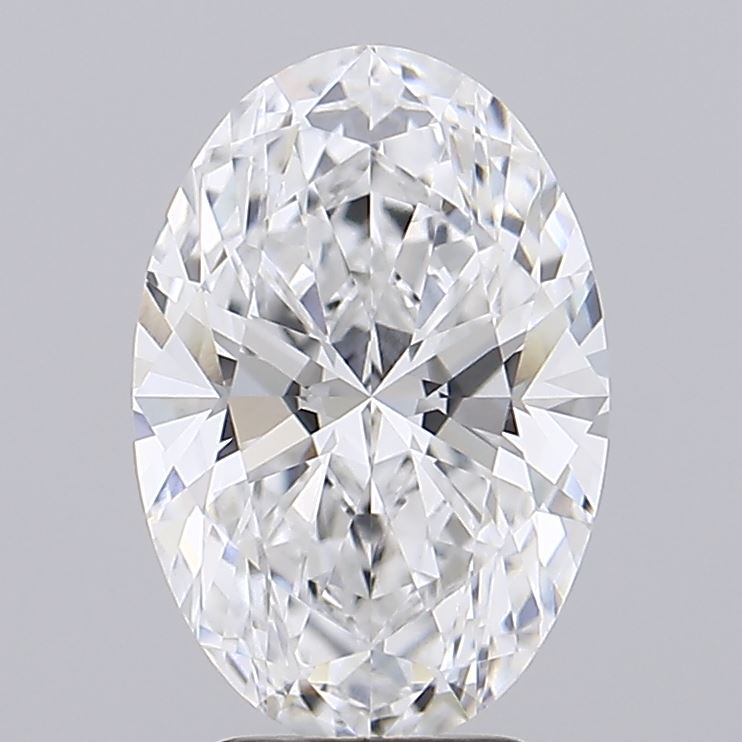 2.59 A sparkling, oval-cut diamond with intricate faceting, reflecting light brilliantly against a neutral gray background.