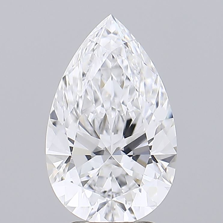 2.59 A pear-shaped diamond against a gray background, showcasing intricate facets and brilliant clarity, evoking elegance and luxury.