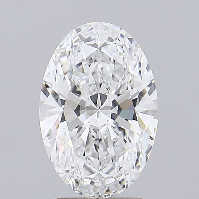 Oval-cut diamond with multiple facets, showcasing brilliant sparkle against a grey background.