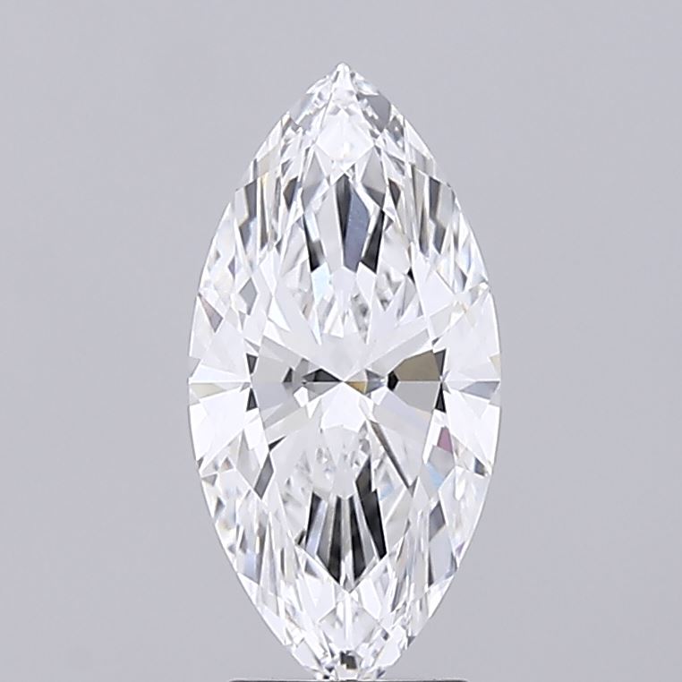 2.73 A marquise-cut diamond with intricate facets sparkles against a plain gray background, exhibiting clarity and brilliance with a luxurious, elegant tone.