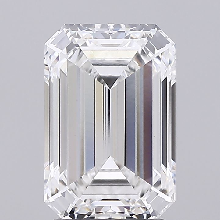 2.75 Emerald-cut diamond with step cuts and bright facets against a neutral background.