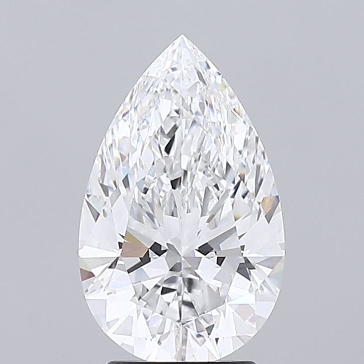 2.75 A sparkling pear-cut diamond displayed against a soft grey background, showcasing its brilliance and intricate faceting.