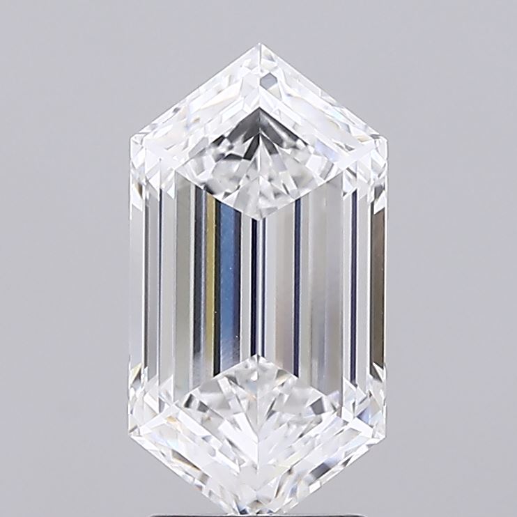 2.8 A clear, step-cut hexagonal diamond with sharp facets reflects light brilliantly against a neutral gray background, showcasing its geometric elegance.