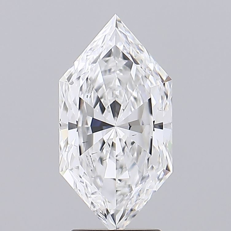 2.83 Close-up of a marquise-cut diamond with a symmetrical, elongated shape. The facets catch light, creating a sparkling effect against a plain background.