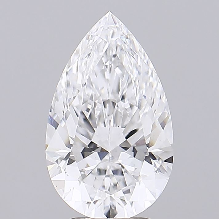 2.84 A pear-shaped diamond with intricate facets reflects light, creating a brilliant sparkle. Its smooth, symmetrical form exudes elegance on a gray background.