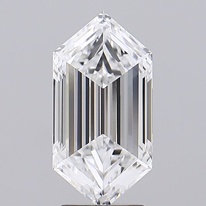 2.88 A clear, faceted diamond in an elongated hexagonal shape, reflecting light with sharp brilliance against a neutral background.