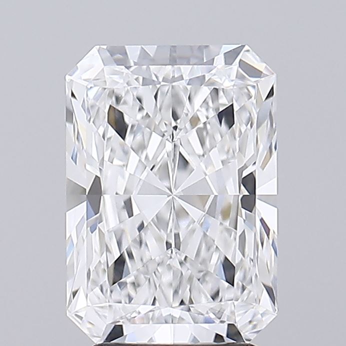 2.89 A radiant-cut, clear diamond against a plain gray background. The gem exhibits precise symmetry with numerous facets, showcasing brilliance and sophistication.