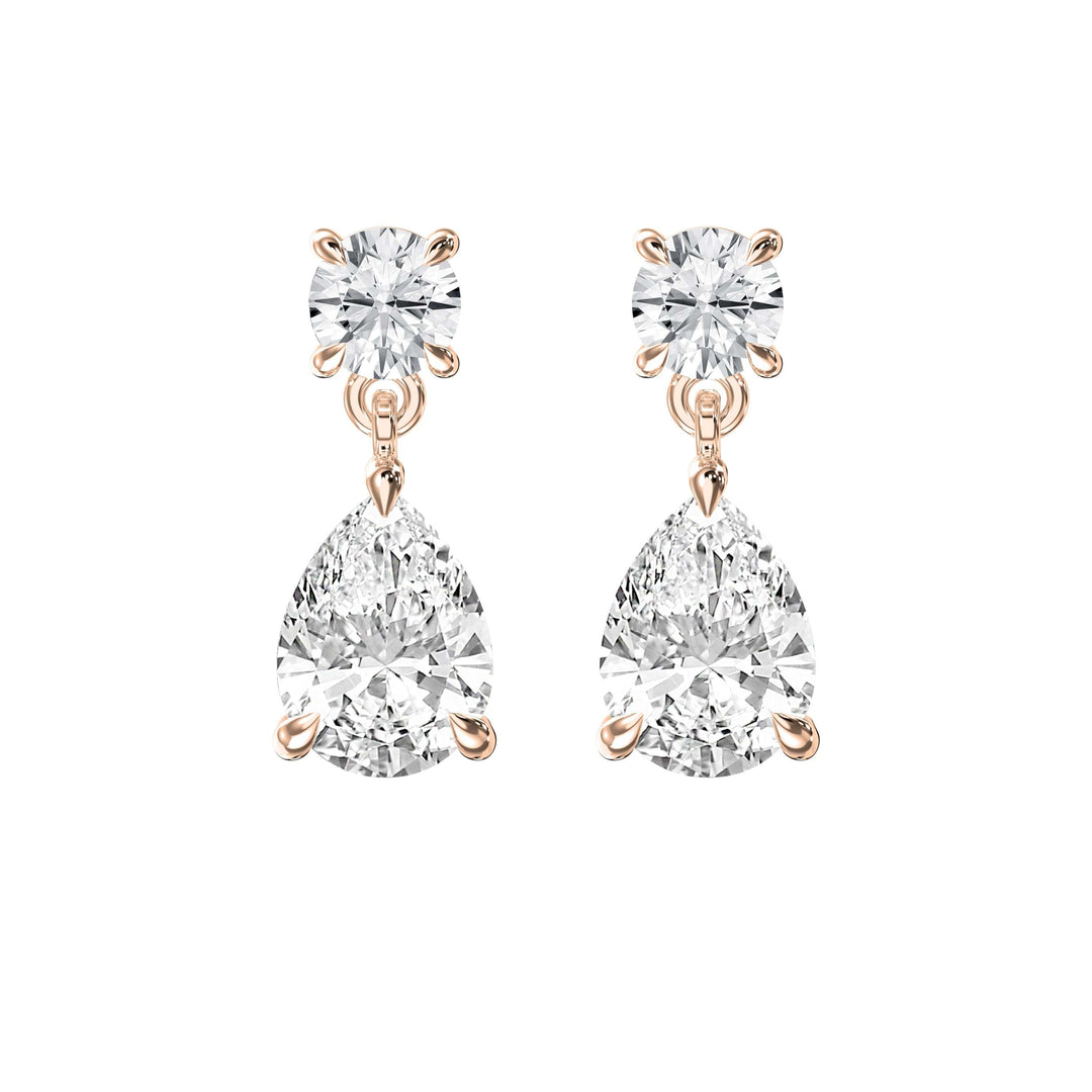 5ct lab grown diamond drop earrings in 14k rose gold with round and pear-shaped colorless stones