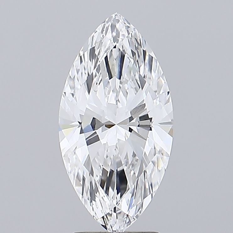 3.0 A marquise-cut diamond with sharp facets, reflecting light brilliantly. The stone is centered on a plain gray background, showcasing elegance and luxury.
