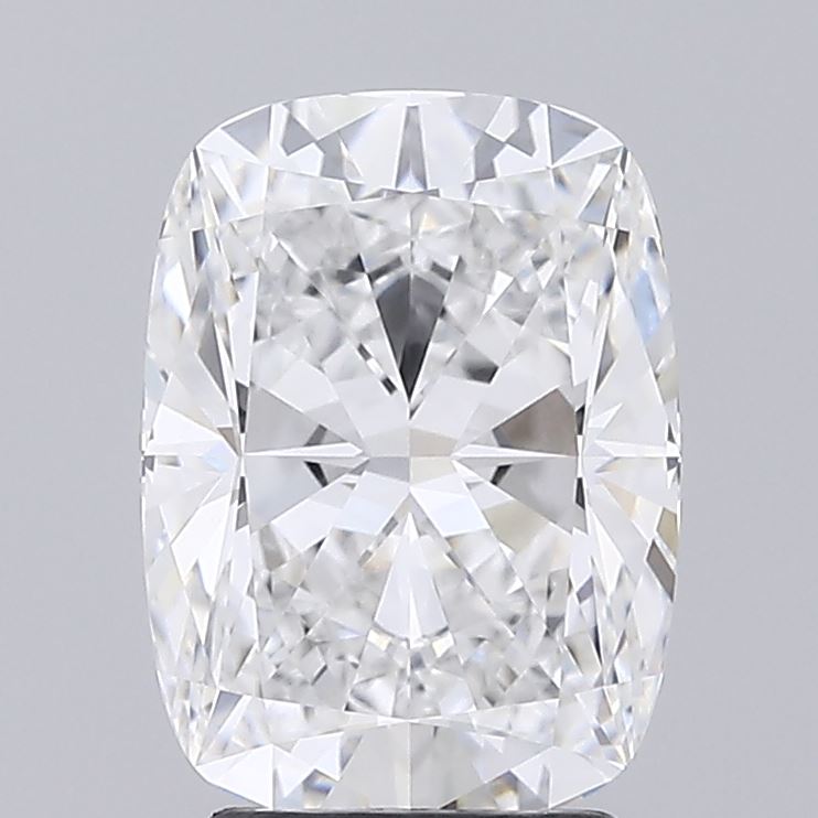 3.01 A sparkling, cushion-cut diamond on a gray background, showcasing intricate facets and a brilliant shine, conveying luxury and elegance.