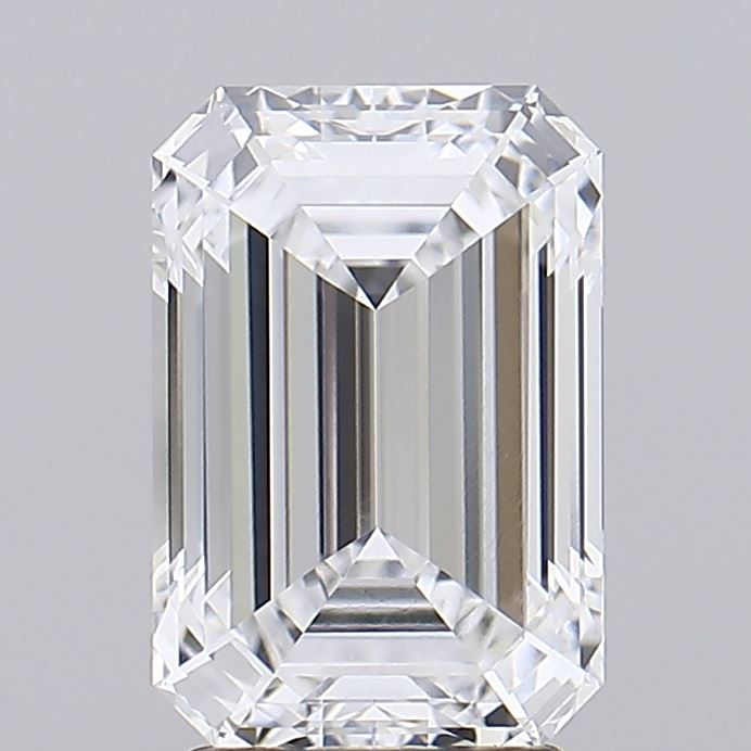 3.02 Clear, exquisitely cut emerald-shaped diamond showcasing sharp facets and brilliant clarity against a neutral backdrop.