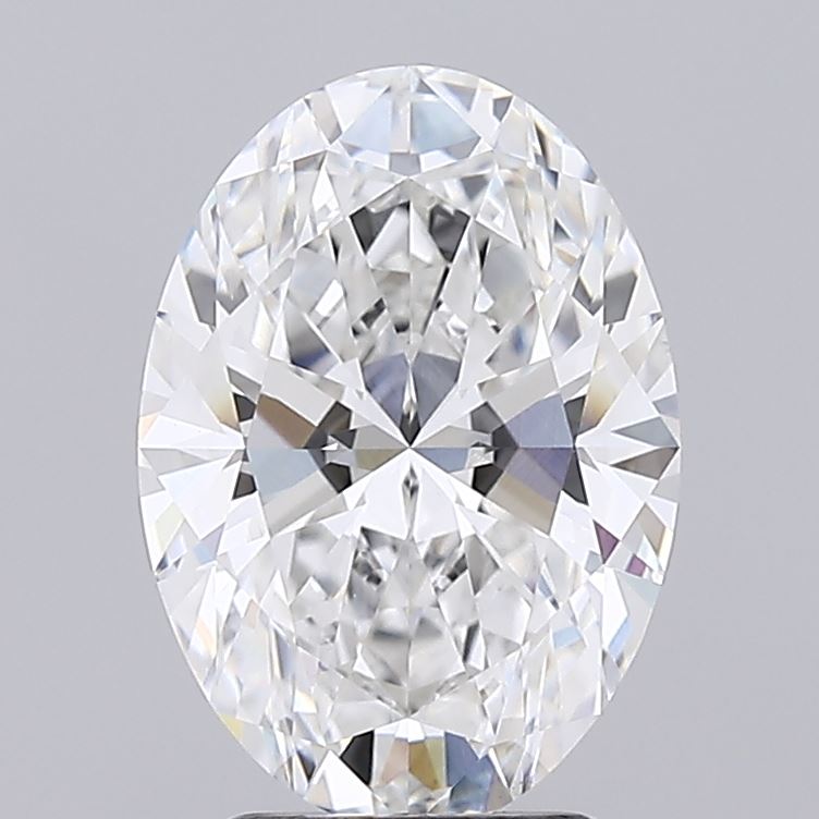 3.02 Oval-cut diamond with brilliant facets on a light gray background, reflecting light in hues of white and subtle rainbow tones; conveys elegance and luxury.
