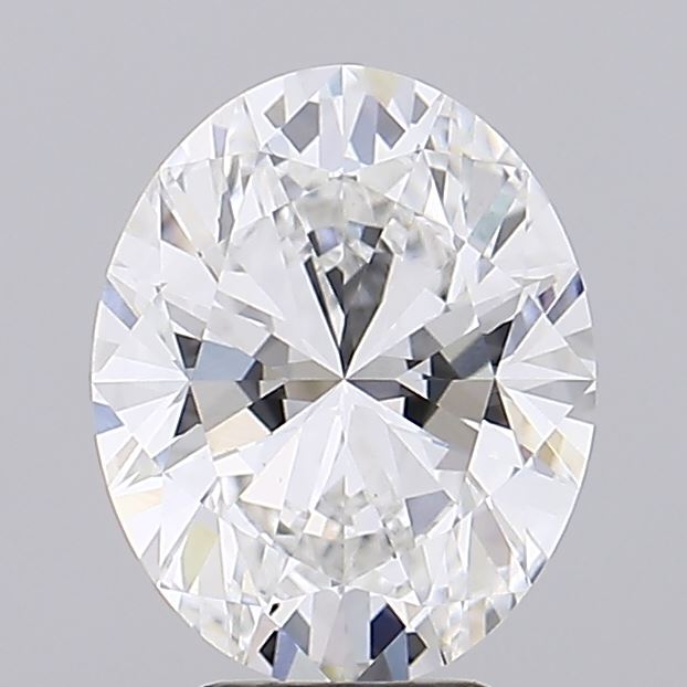 3.02 Oval-shaped diamond with intricate faceting creating a sparkling effect against a plain gray background. The gem exudes elegance and brilliance.