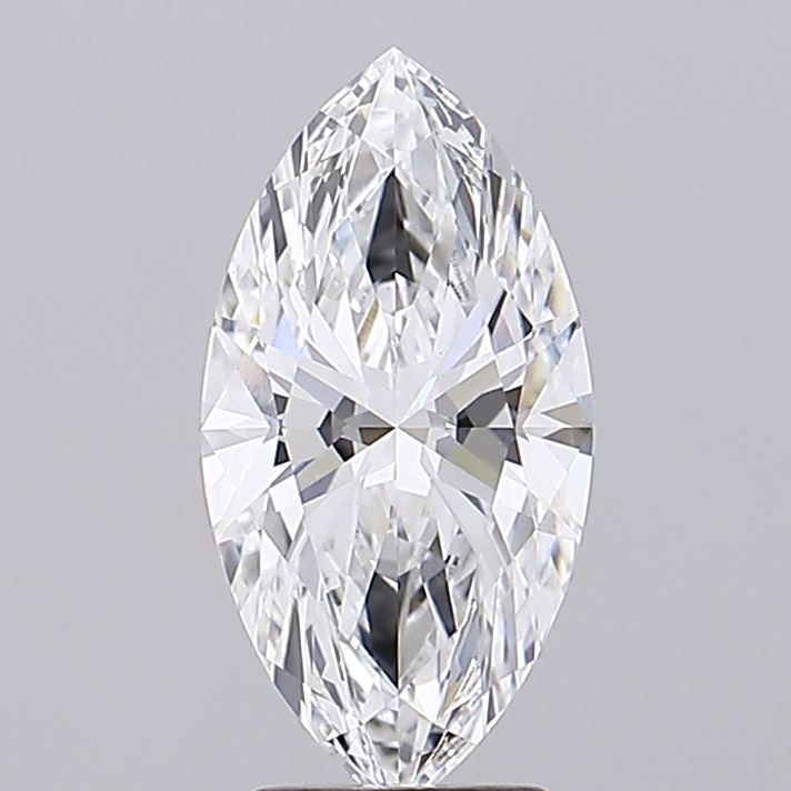 3.02 A sparkling marquise-cut diamond is displayed against a plain gray background. Its symmetrical facets reflect light, creating a dazzling, elegant appearance.