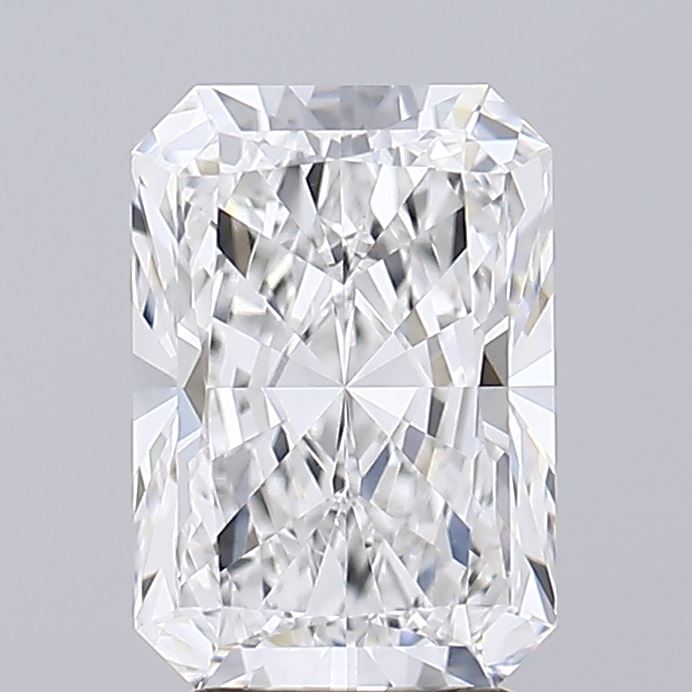 3.03 A brilliantly cut, clear rectangular diamond sparkles against a subtle gray background, showcasing its intricate facets.