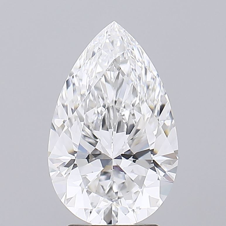 3.03 A stunning pear-shaped diamond brilliantly reflecting light, showcasing its exceptional clarity and intricate facets against a neutral background.