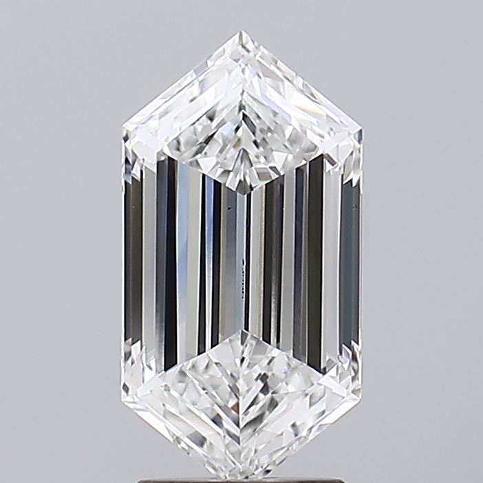 3.05 Faceted hexagonal diamond with sharp angles and reflective surfaces, showcasing a clear and bright appearance on a gray background.