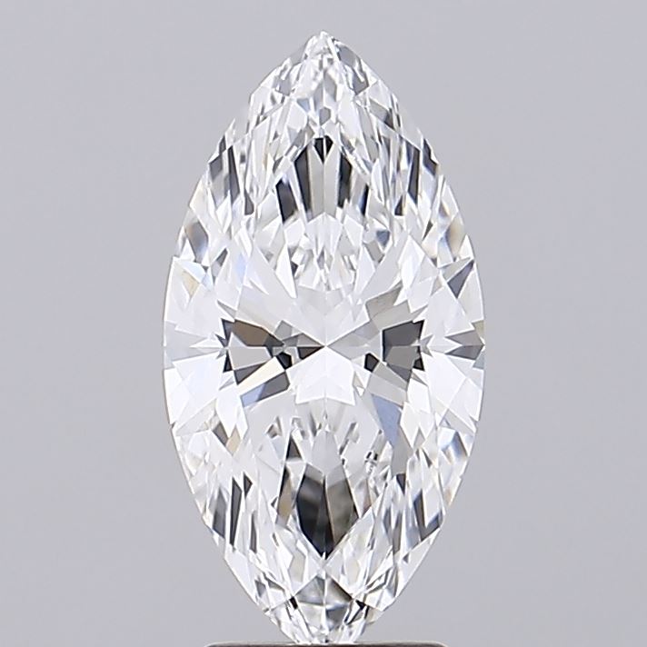 3.06 A marquise-cut diamond with a brilliant sparkle is displayed against a plain gray background, showcasing its intricate faceting and sharp points.