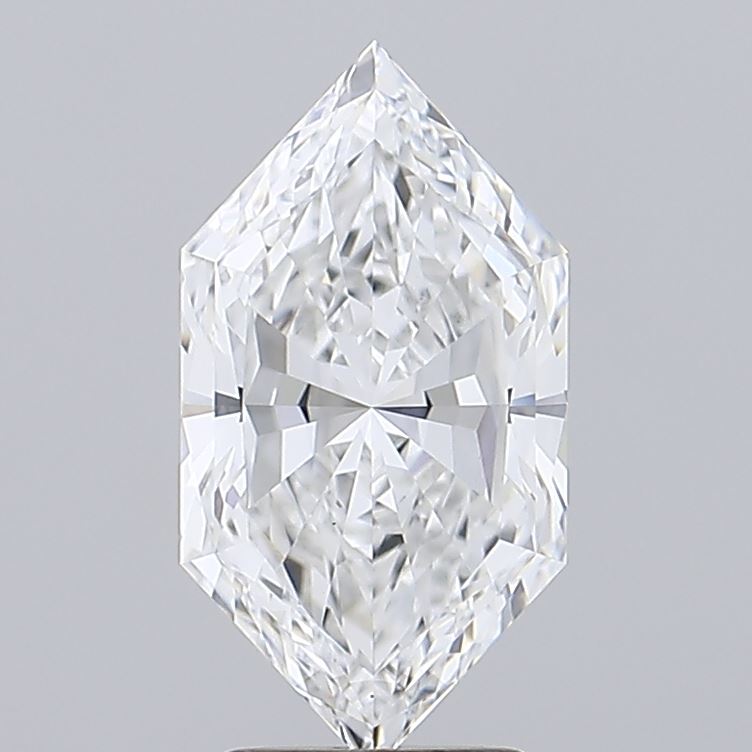 3.06 A radiant-cut diamond with intricate facets creating a symmetrical pattern. Set against a plain gray background, it sparkles and exudes elegance.