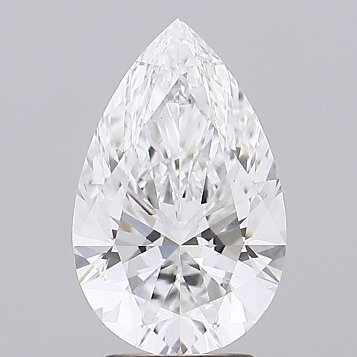 3.07 A pear-shaped, faceted diamond with a brilliant cut gleams against a plain gray background, showcasing its clarity and sparkle, exuding elegance and luxury.