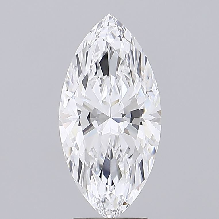 3.08 A marquise-cut diamond with brilliant facets set against a plain gray background. Its symmetrical, elongated shape conveys elegance and luxury.