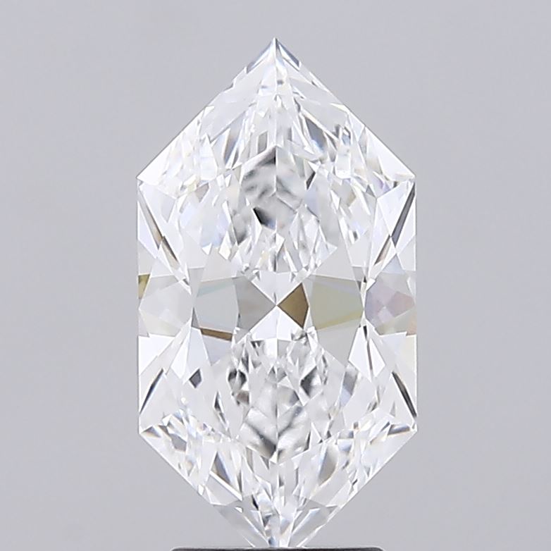 3.08 A stunning, faceted diamond with a unique hexagonal shape, reflecting light beautifully against a simple grey background.