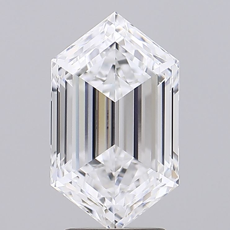 3.09 An emerald cut diamond displayed elegantly on a stand, showcasing its clarity and brilliance.