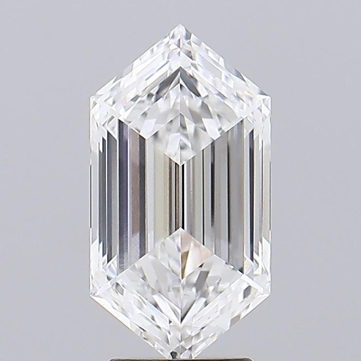 3.09 A sparkling, faceted diamond with an elongated hexagonal shape, reflecting light brilliantly against a neutral background.