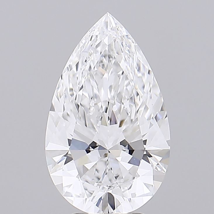 3.25 A pear-shaped diamond with intricate facets sparkles against a plain gray background, exuding elegance and sophistication.
